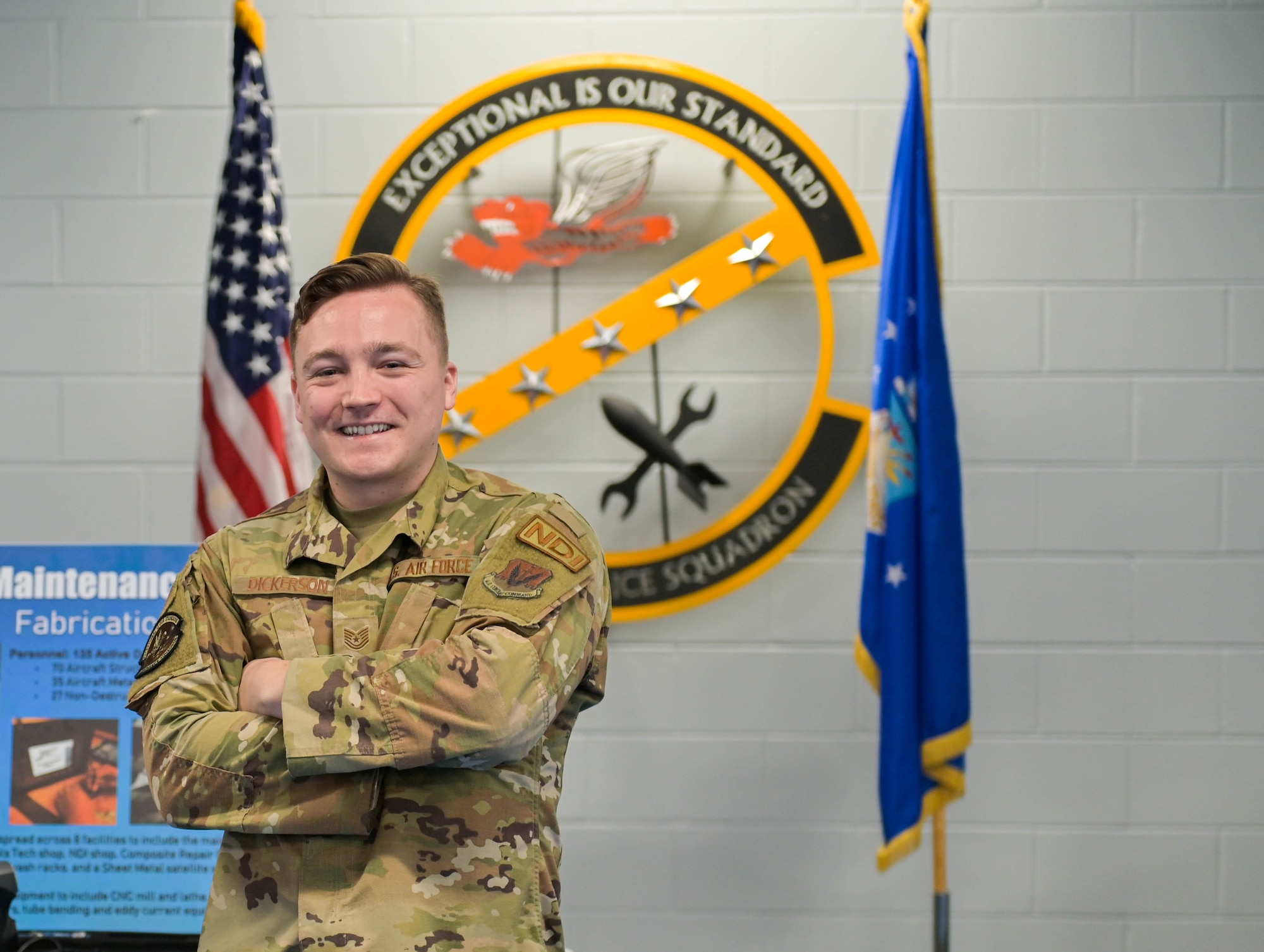 U.S. Air Force Tech. Sgt. Cody Dickerson, 23rd Maintenance Squadron nondestructive inspection supervisor, poses for a photo during the Honorary Commander immersion tour with the 23rd Maintenance Group at Moody Air Force Base, Georgia, Dec. 5, 2022. The NDI flight uses a variety of inspection techniques to determine where weakness points are through various imagery methods, such as eddy current, magnetic particle, fluorescent penetrant, ultrasonic, and radiographic. (U.S. Air Force photo by Senior Airman Rebeckah Medeiros)