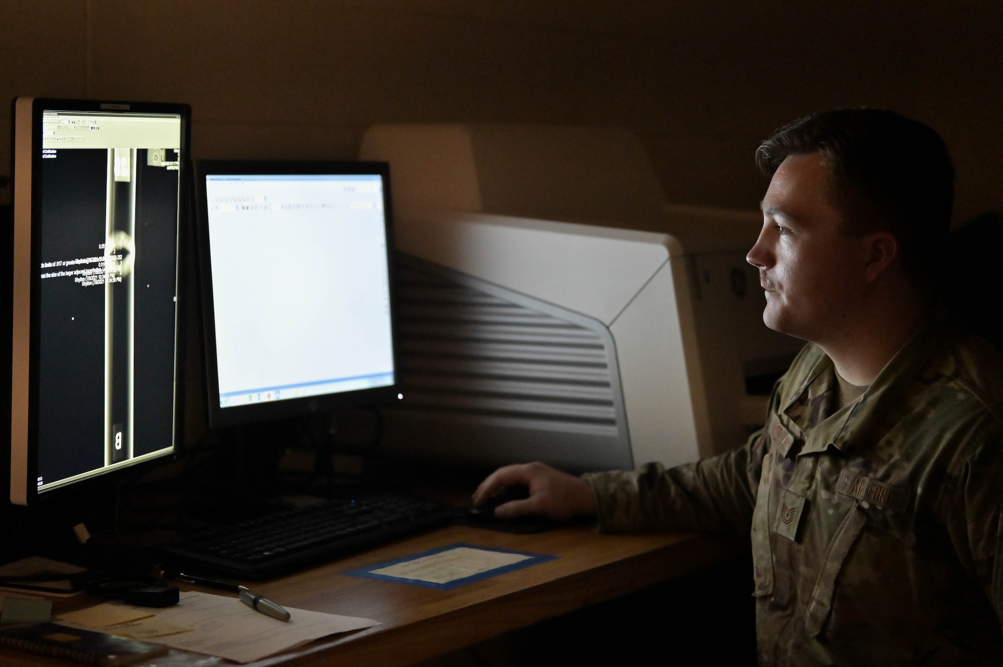 U.S. Air Force Tech. Sgt. Cody Dickerson, 23rd Maintenance Squadron nondestructive inspection supervisor, searches through a welding inspection and annual certification process at Moody Air Force Base, Georgia, Dec. 5, 2022. The NDI flight looks for pockets of air, continuous contact and the welding technique when inspecting metal rods. (U.S. Air Force photo by Senior Airman Rebeckah Medeiros)