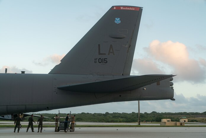 A photo of the tail of a B-52H.