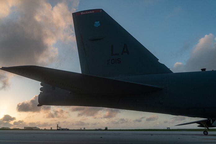 A photo of the tail of a B-52H.
