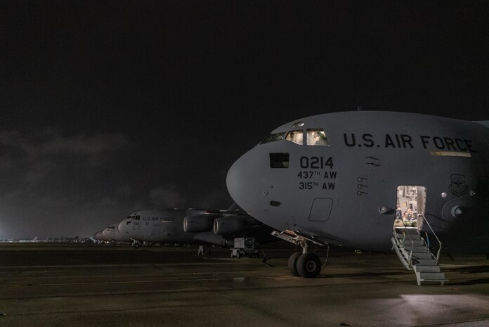A photo of an several C-17s on the flightline.