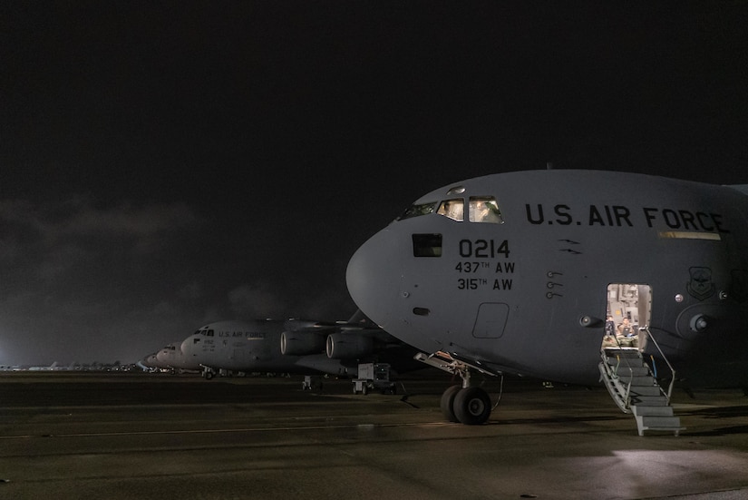 A photo of an several C-17s on the flightline.