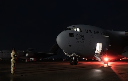 A photo of an Airman and C-17 on the flightline.