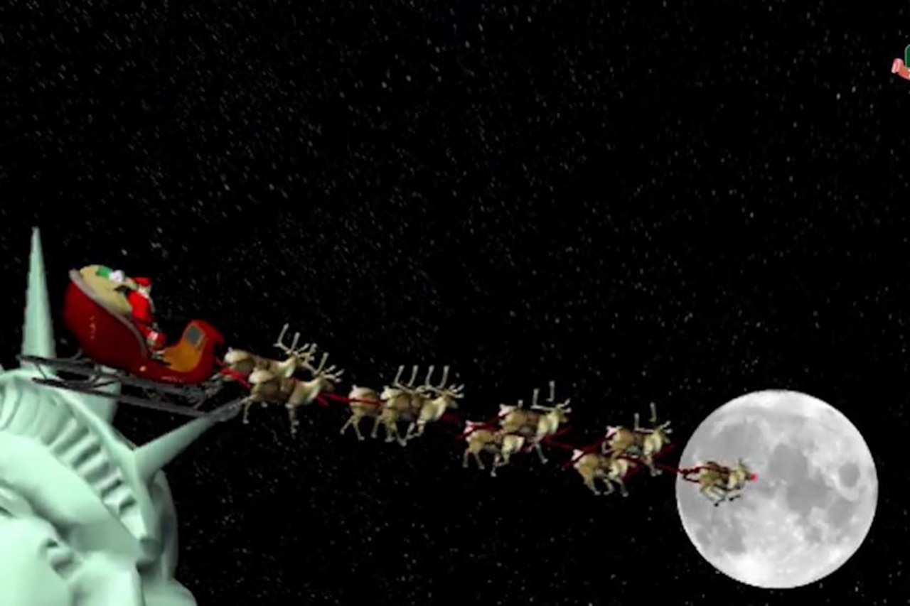 A graphic depiction of Santa and reindeer flying the sleigh away from the Statue of Liberty towards the moon.