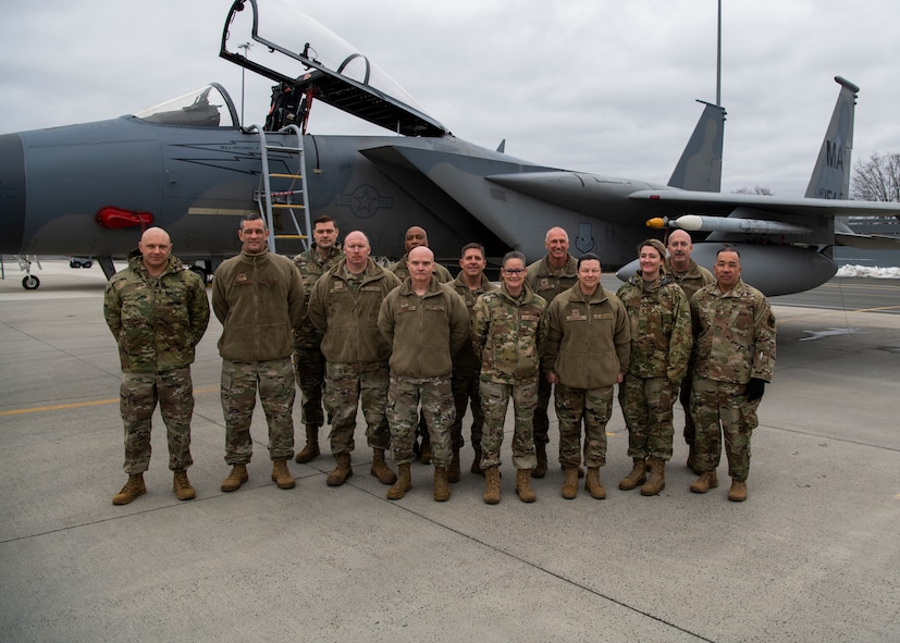 The Air National Guard Production Assessment Team poses for a photo during a visit to the 104th Fighter Wing Dec. 15, 2022, at Barnes Air National Guard Base, Massachusetts. The PAT's goal at the 104 FW was to find ways to become more efficient in order to increase aircraft availability. (U.S. Air National Guard photo by Randy Burlingame)