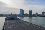 The expeditionary sea base USS Hershel "Woody" Williams (ESB 4), arrives in Dar es Salaam, Tanzania for a scheduled port visit, Dec. 22, 2022.