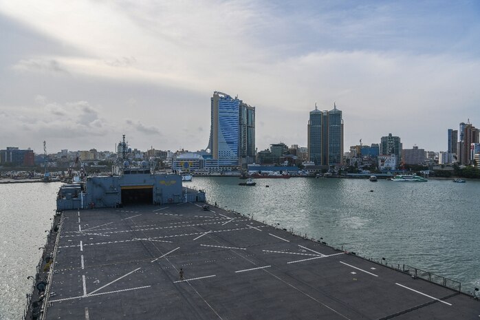 The expeditionary sea base USS Hershel "Woody" Williams (ESB 4), arrives in Dar es Salaam, Tanzania for a scheduled port visit, Dec. 22, 2022.