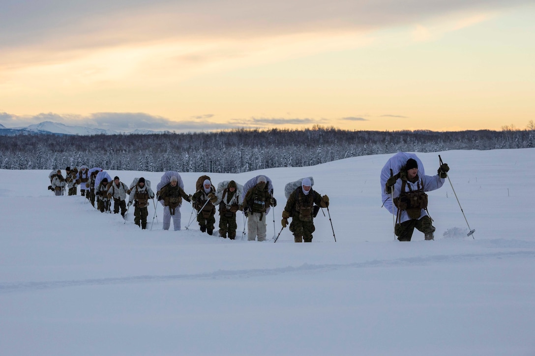 Marines on skis move in a line through snow.