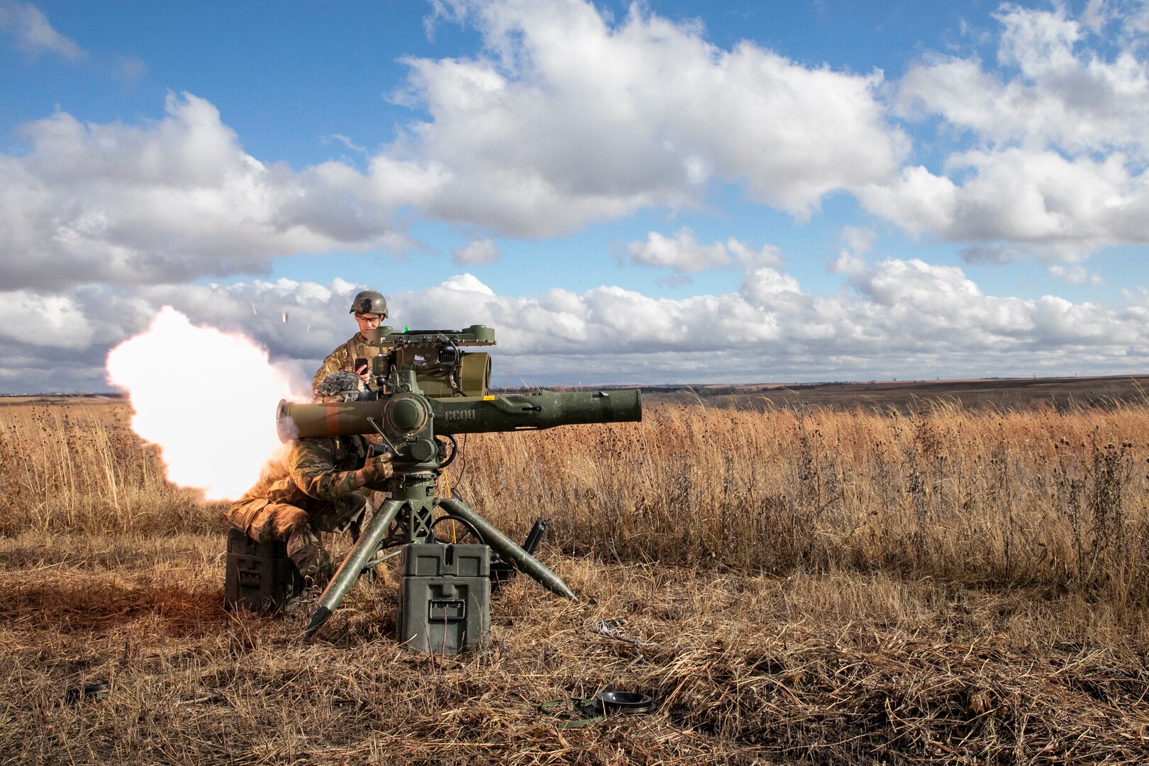 Soldiers with the Nebraska Army National Guard 1-134th Cavalry Squadron and 2-134th Infantry Battalion operate a TOW Missile System during a training exercise at Fort Riley, Kansas, Dec. 13, 2022. The unit was given 32 missiles and each Soldier was able to shoot at least twice.