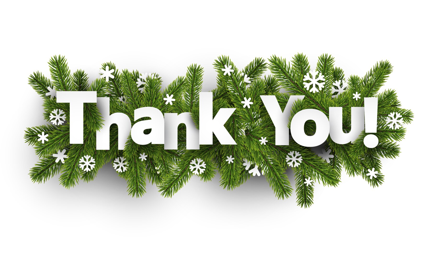 Thank You text surrounded by snowflakes and fir tree branches
