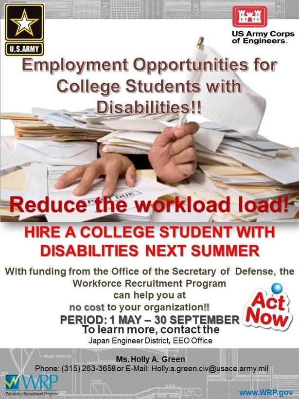 The Workforce Recruitment Program, or WRP, is a recruitment and referral program that connects public and private sector employers nationwide with highly motivated postsecondary students and recent graduates with disabilities who are eager to prove their abilities in the workplace through paid summer or permanent jobs.