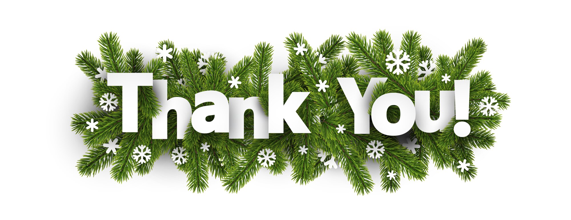 Thank You text surrounded by snowflakes and fir tree branches