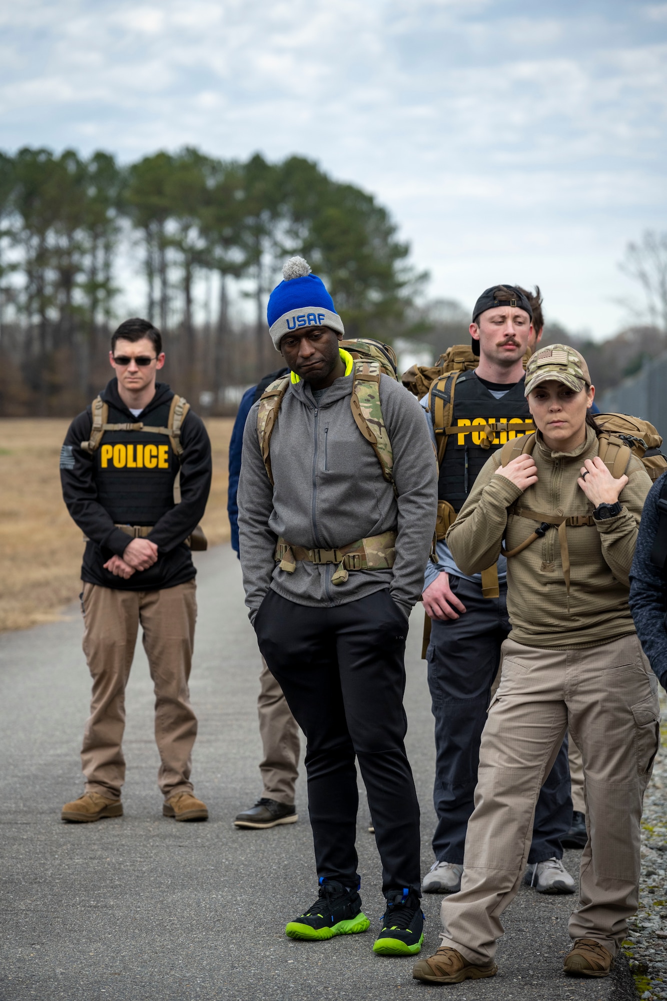 Airmen assigned to the 4th Fighter Wing participate in a six-mile ruck at Seymour Johnson Air Force Base, North Carolina, Dec. 21, 2022, in remembrance of those who were assigned to Task Force Crimson “Hustler 6” that lost their lives on Dec. 21, 2015. The ruck was in remembrance of those assigned to Task Force Crimson “Hustler 6” who lost their lives on Dec. 21, 2015, to a motorcyclist who detonated an Improvised explosive device claiming the lives of four Air Force Office of Special Investigations agents and two Security Forces defenders. (U.S. Air Force photo by Senior Airman Kevin Holloway)