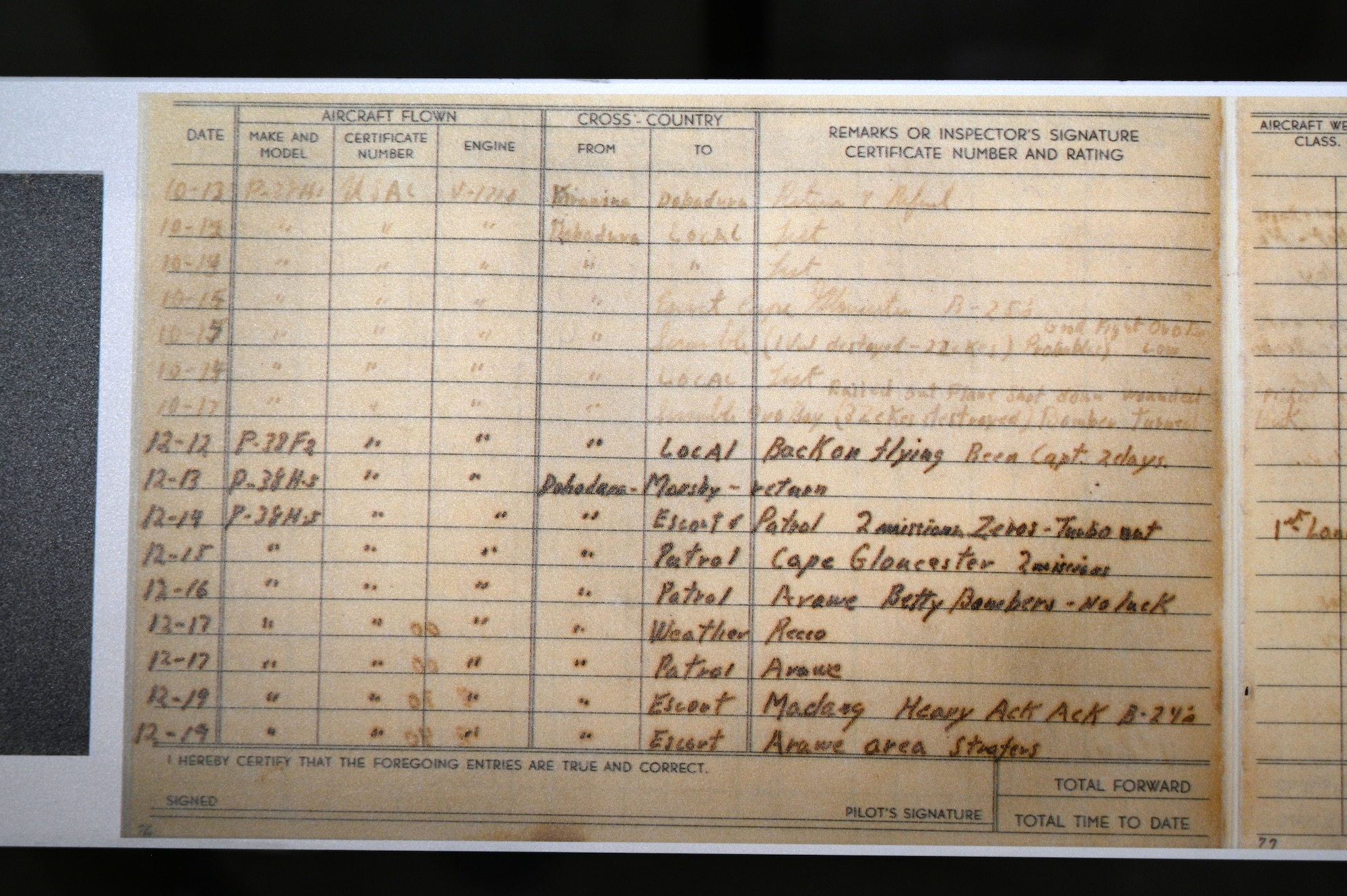 Photo of Maj. Thomas B. McGuire's flight log from WWII.
