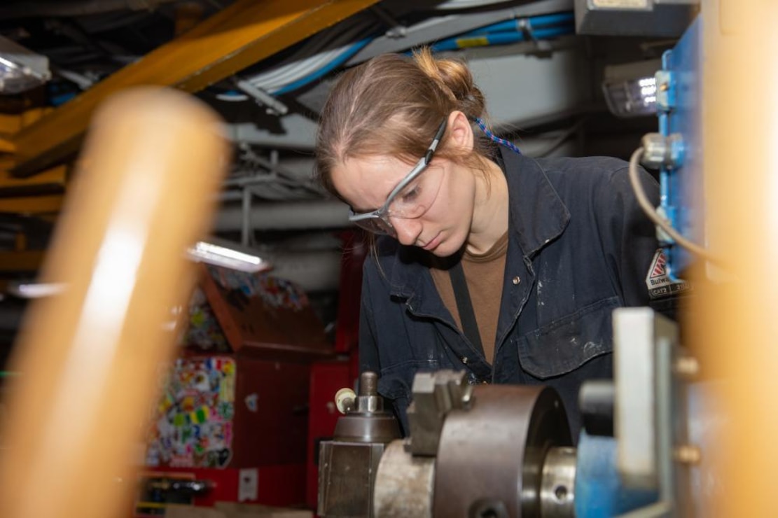 Machinery Repairman 3rd Class Vivian Onedo, from Chicago, makes void caps aboard the Nimitz-class aircraft carrier USS Dwight D. Eisenhower (CVN 69). Ike is currently pierside at Norfolk Naval Shipyard in the basic phase of the optimized fleet response plan (OFRP). (U.S. Navy photo by Mass Communication Specialist Seaman Rodrigo Caldas/Released)