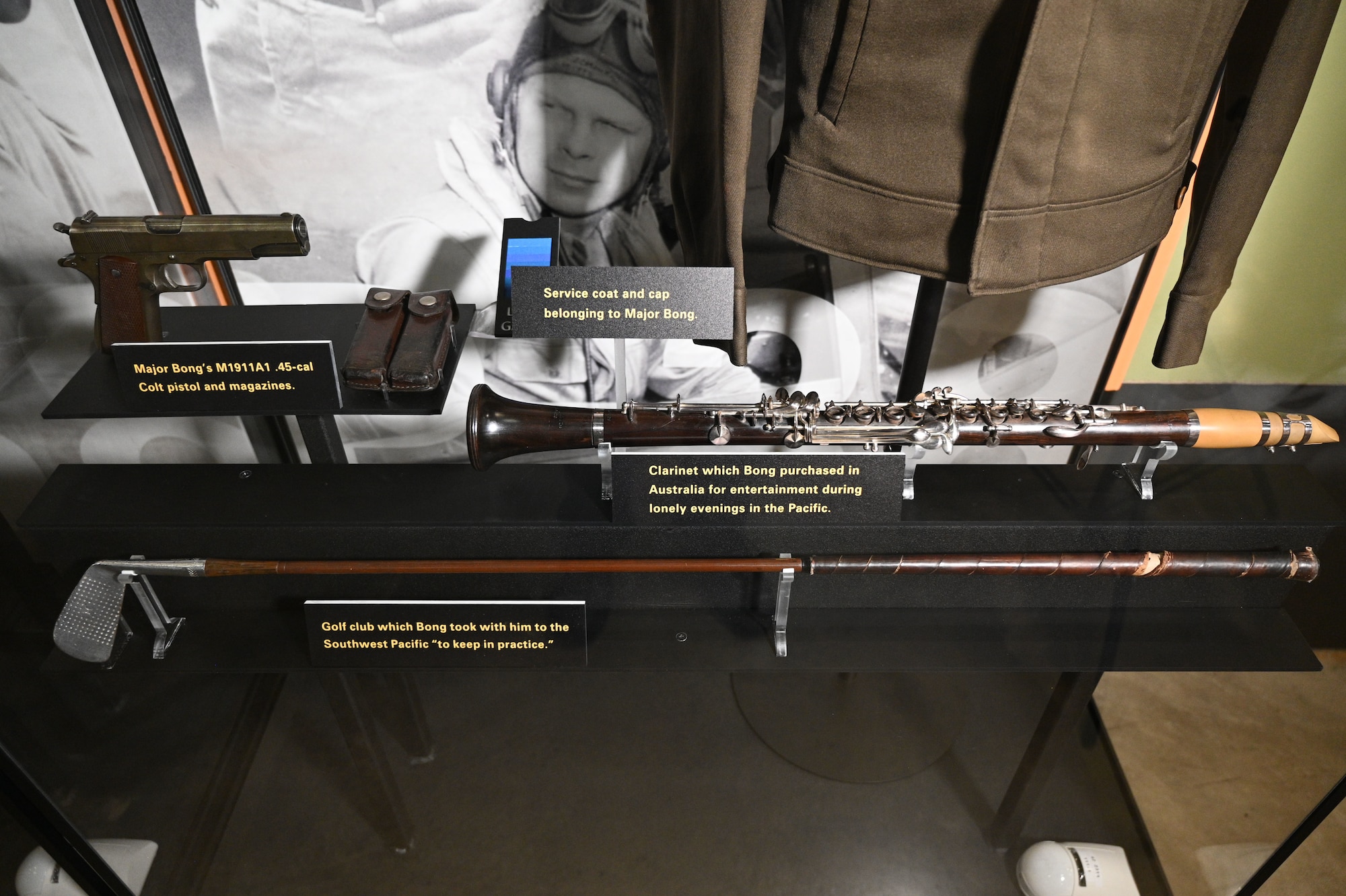 Artifacts belonging to Maj. Richard I. Bong on display in the WWII Gallery at the National Museum of the U.S. Air Force.