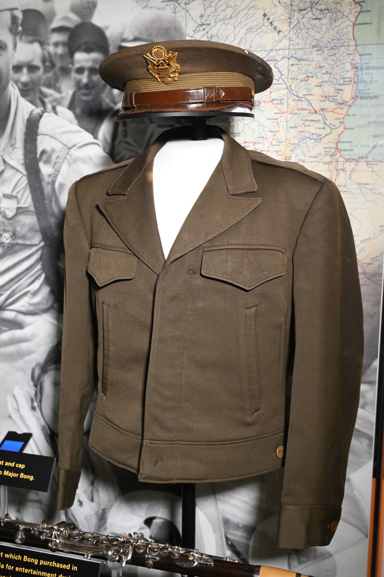 Officer's cap and uniform belonging to Maj. Richard I. Bong on display in the WWII Gallery at the National Museum of the U.S. Air Force.