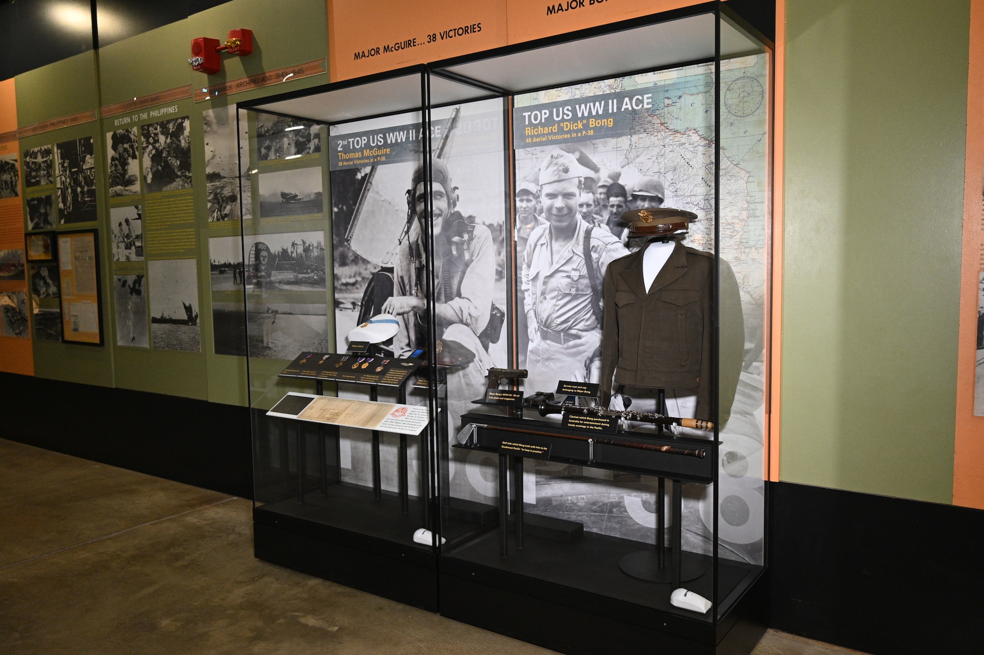 Top U.S. WWII Ace display case featuring Maj. Richard I. Bong  and Thomas McGuire in the WWII Gallery at the National Museum of the U.S. Air Force.