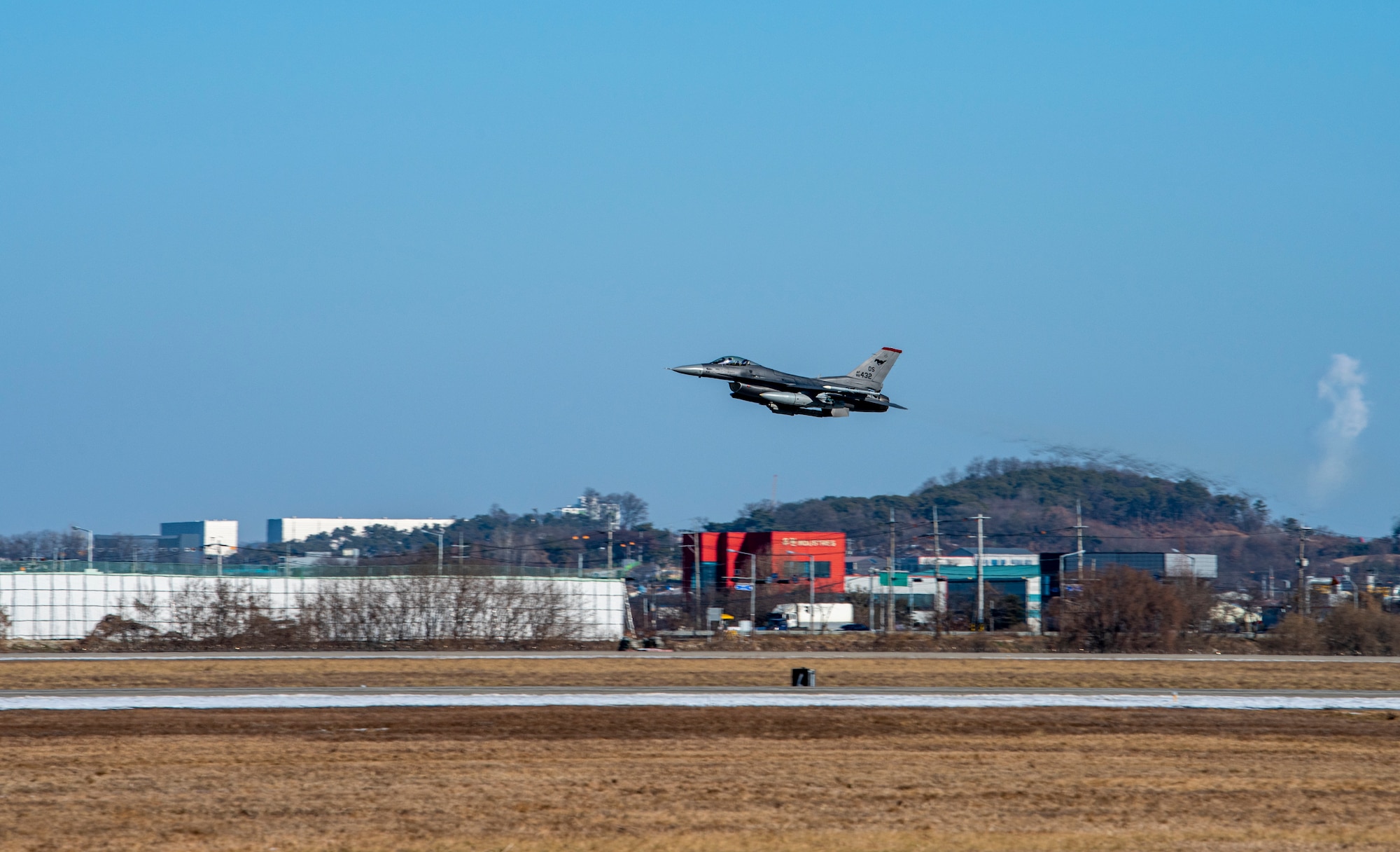 An F-16 Fighting Falcon assigned to the 36th Fighter Squadron (FS) takes off as part of a training mission at Osan Air Base, Republic of Korea, Dec. 28, 2022.