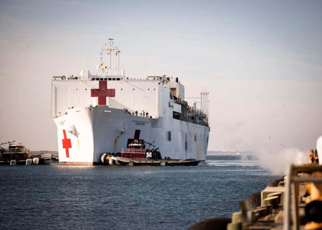 USNS Comfort (T-AH 20) returns home to Naval Station Norfolk after completing ship support for Continuing Promise 2022, Dec.21, 2022. Continuing Promise 2022, a joint, multi-national military and civilian effort, provided humanitarian assistance to partner nations in the U.S. Southern Command area of responsibility by providing medical care to people in need.