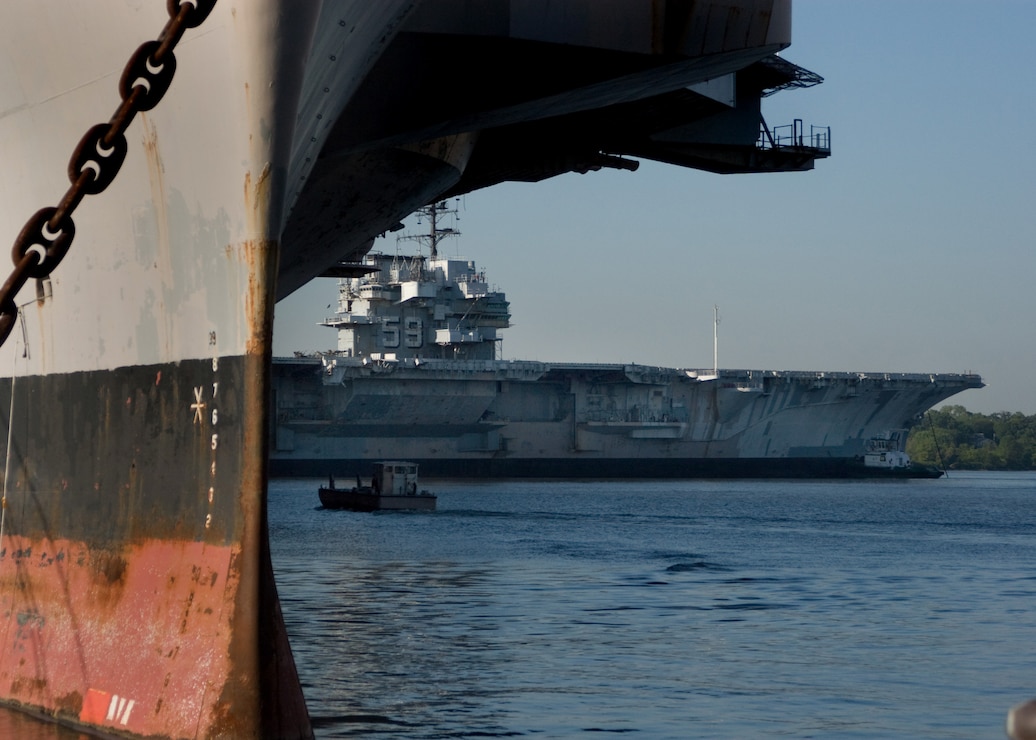 The decommissioned aircraft carrier Ex-USS Forrestal arrives at Naval Support Activity Philadelphia from Naval Station Newport, R.I. The first of the American supercarriers, Forrestal was commissioned Sept. 29, 1955, and was in service for more than 38 years.