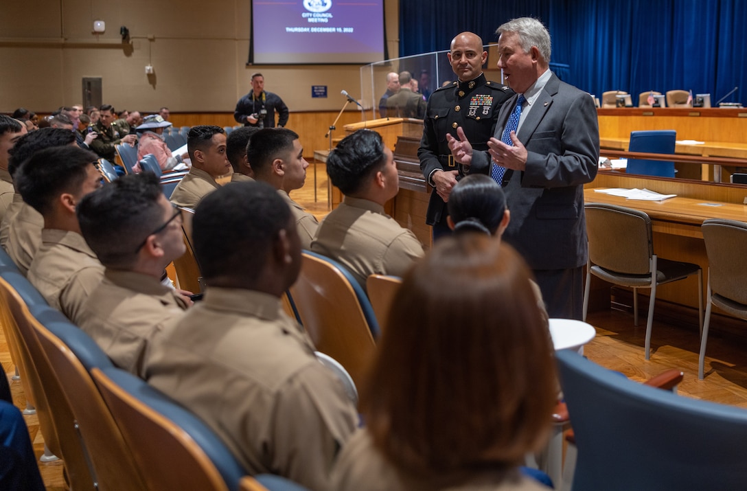 U.S. Marine Corps Maj. Gen. David Mize (Ret.), chairman of the mayor’s military advisory committee, speaks to Marines from Marine Forces Reserve, during Military Appreciation Day at New Orleans City Hall, Dec. 15, 2022. Military Appreciation Day is celebrated annually to honor service members in each military branch for their hard work and to encourage a closer relationship between military service and state and federal agencies in Louisiana. (U.S. Marine Corps photo by Lance Cpl. Leslie Alcaraz)