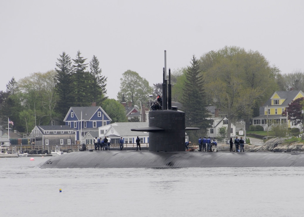The Los Angeles-class attack submarine USS Helena departs Portsmouth Naval Shipyard after completion of extended maintenance. (U.S. Navy photo by James Cleveland)