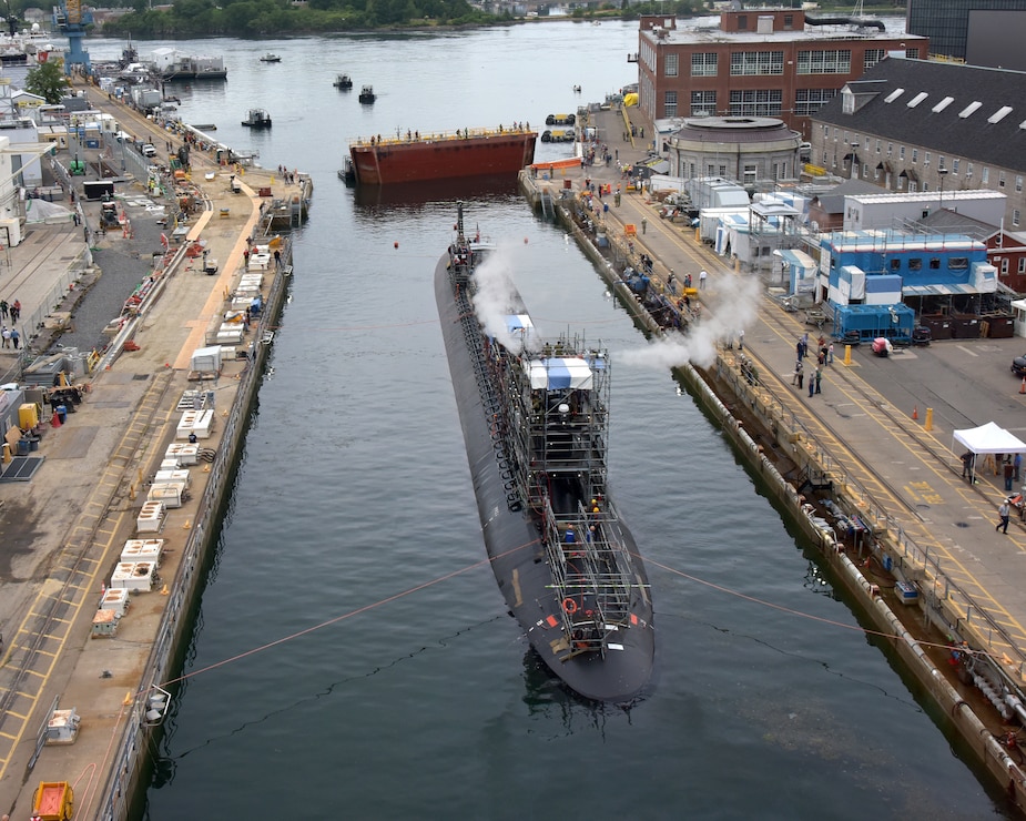 Portsmouth Naval Shipyard, Kittery, ME:  Jun 22, 2021:  USS Virginia (SSN 774) successfully exits dry dock at the shipyard.  Virginia is at the shipyard for a scheduled maintenance period.  (U.S. Navy photo by Jim Cleveland/Released)