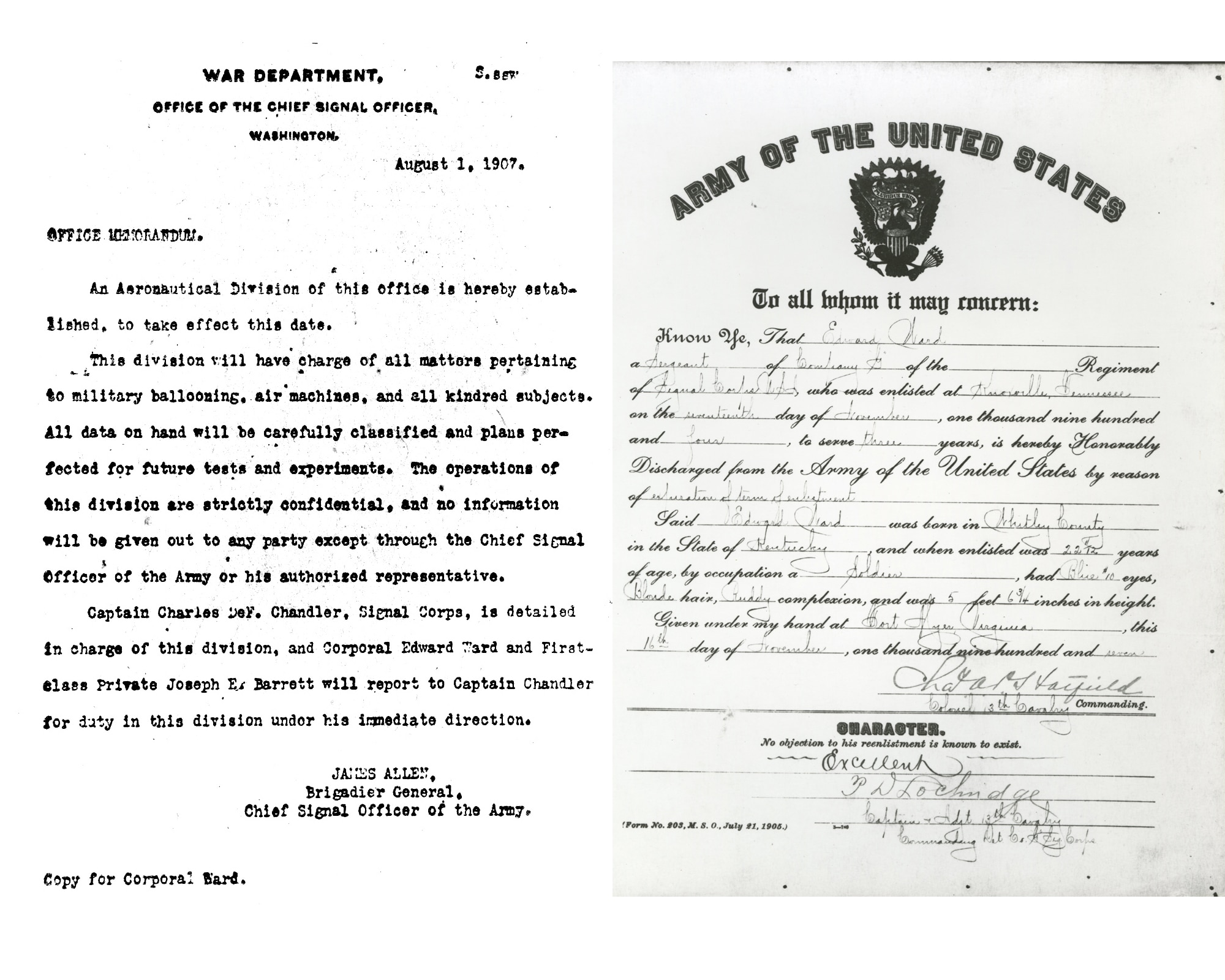 Copy of the letter assigning Ward to the Aeronautical Division of the Signal Corps(left) and Copy of Edward Ward’s Army discharge for the enlistment period during which he
was assigned to the Aeronautical Division of the Signal Corps. He reenlisted the
next day and served many years in the Army, retiring in 1930 as a captain in the
reserve.