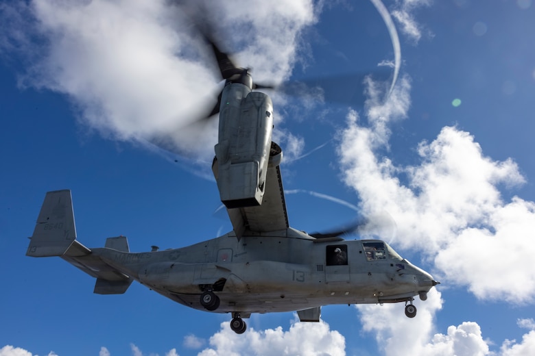 PACIFIC OCEAN (Nov. 30, 2022) - U.S. Marine Corps pilots with Marine Medium Tiltrotor Squadron (VMM) 362 (Rein.), 13th Marine Expeditionary Unit, flies an MV-22B Osprey, Nov. 30. A force in readiness, 13th MEU pilots continuously train to stay current in their qualifications, allowing them to rapidly respond to crises in all domain environments through naval power projection. The 13th MEU is embarked with the Makin Island Amphibious Ready Group, comprised of amphibious assault ship USS Makin Island (LHD 8) and amphibious transport docks USS Anchorage (LPD 23) and USS John P. Murtha (LPD 26), conducting routine operations in the U.S. 3rd Fleet. (U.S. Marine Corps photo by Sgt. Nicolas Atehortua)