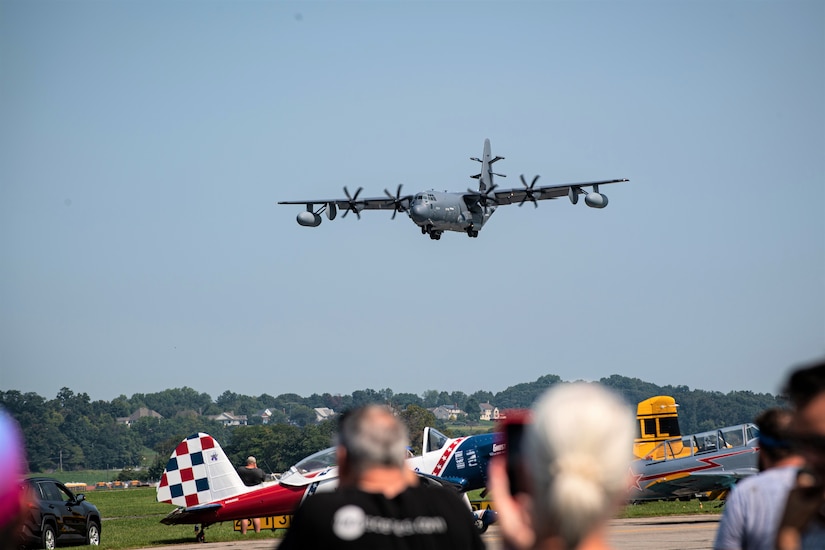 An EC-130J Commando Solo aircraft from the 193rd Special Operations Wing performs a flyover during Community Days at the Lancaster Airport in Lititz, Pennsylvania, Sept.17, 2022. Airmen from the 193rd SOW brought to close a 54-year chapter in the unit history as one of the three EC-130J Commando Solo aircraft delivered its final broadcast during the Community Days Air Show event. (U.S. Air National Guard photo by Tech. Sgt. Tony Harp)