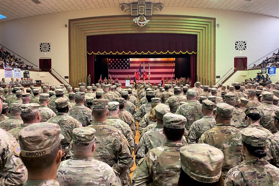 U.S. Soldiers with Headquarters and Headquarters Battalion, 28th Infantry Division, and their families are honored during a deployment ceremony at Zembo Shrine Auditorium. These Soldiers are deploying to the Middle East for a year in support of Operation Spartan Shield.