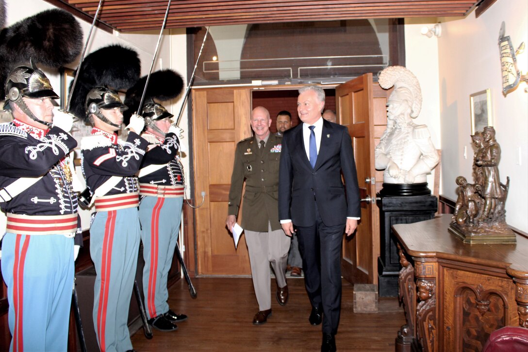 Lithuanian President Gitanas Nauseda visits the First Troop Philadelphia City Calvary Armory on July 2, 2022 in Philadelphia. President Nauseda met with Maj. Gen. Mark J. Schindler, the Adjutant General of Pennsylvania, and leaders of the Pennsylvania Departments of Military and Veterans Affairs (DMVA) and Community and Economic Development (DCED) to discuss economic opportunities and their 29-year state partnership program. (U.S. Air National Guard photo by Staff Sgt. Timi Jones)