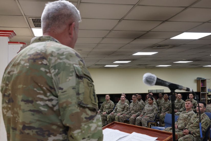 U.S. Army Command Sgt. Maj. Kevin Gaiser, the senior enlisted advisor of the 1st Theater Sustainment Command, offers words of encouragement to junior leaders during the first Basic Leaders Course graduation ceremony at Camp Buehring, Kuwait