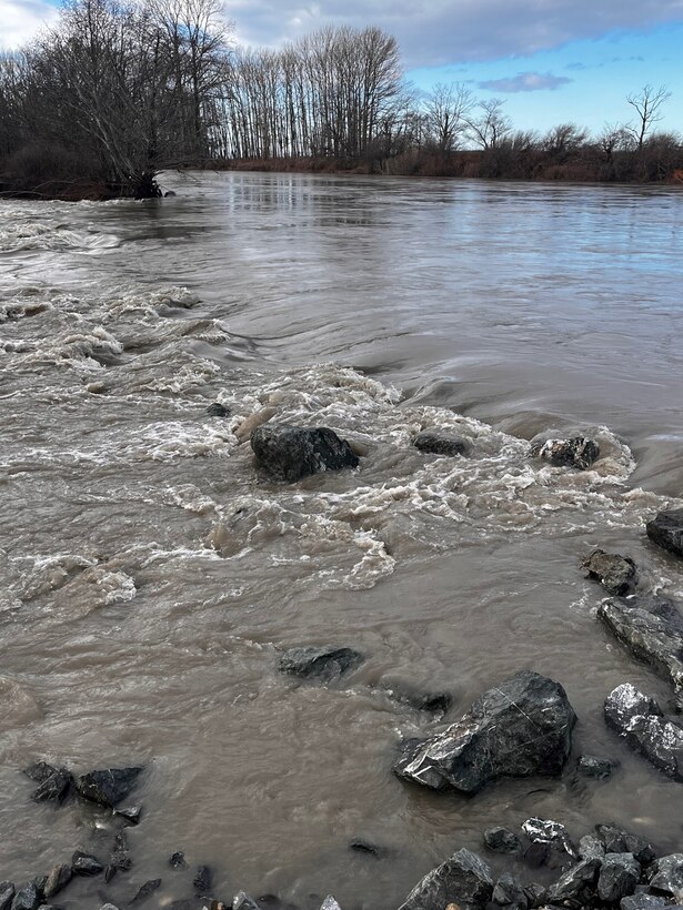 Outdoor scene with partly cloudy sky and trees in the background. Foreground shows water from the Nooksack river flowing over and through a levee breach