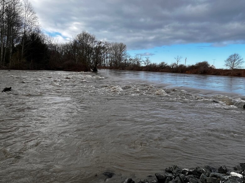 Outdoor scene with partly cloudy sky and trees in the background. Foreground shows water from the Nooksack river flowing over and through a levee breach