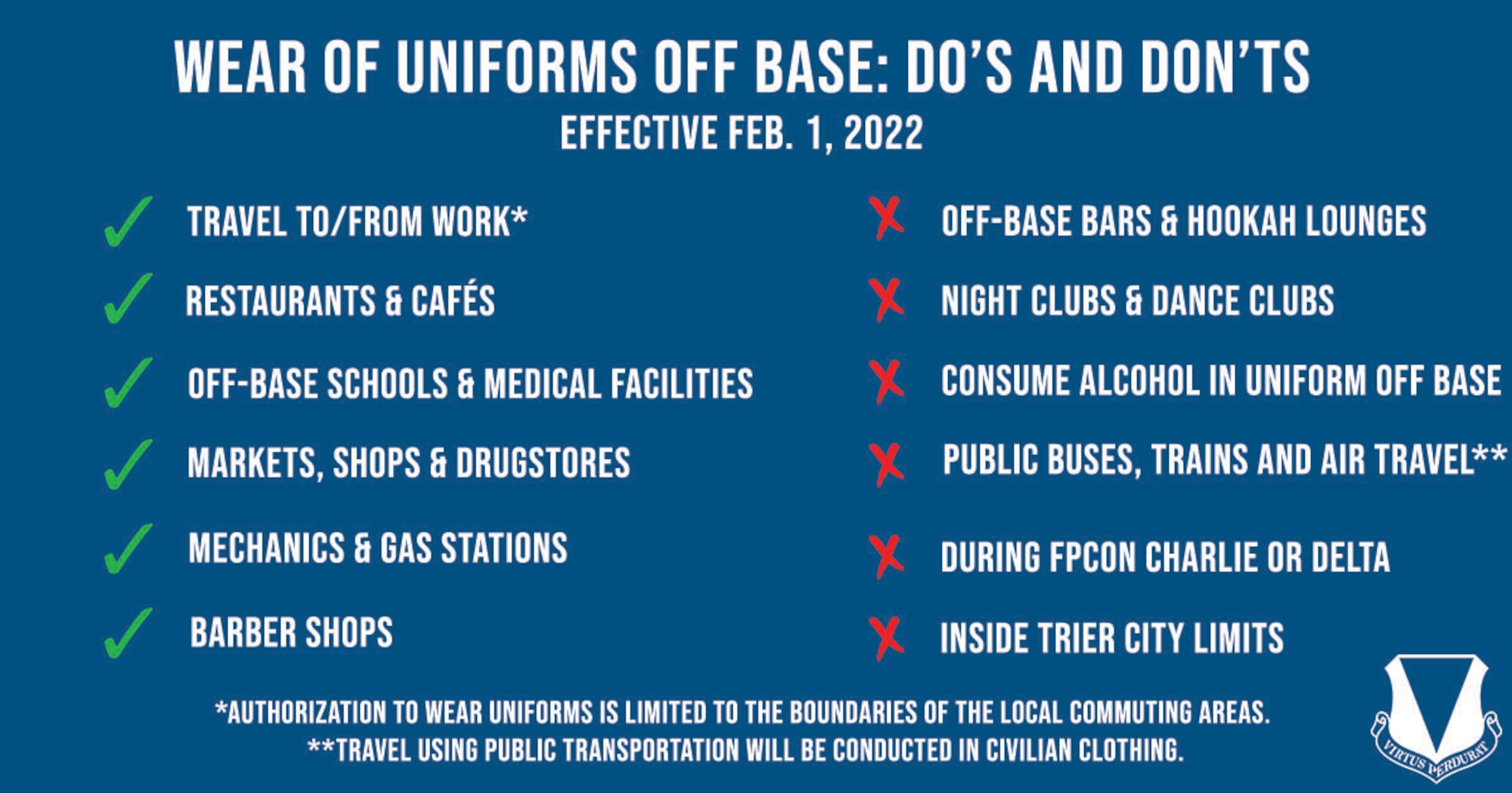 A graphic shows the do's and don'ts of off-base uniform wear