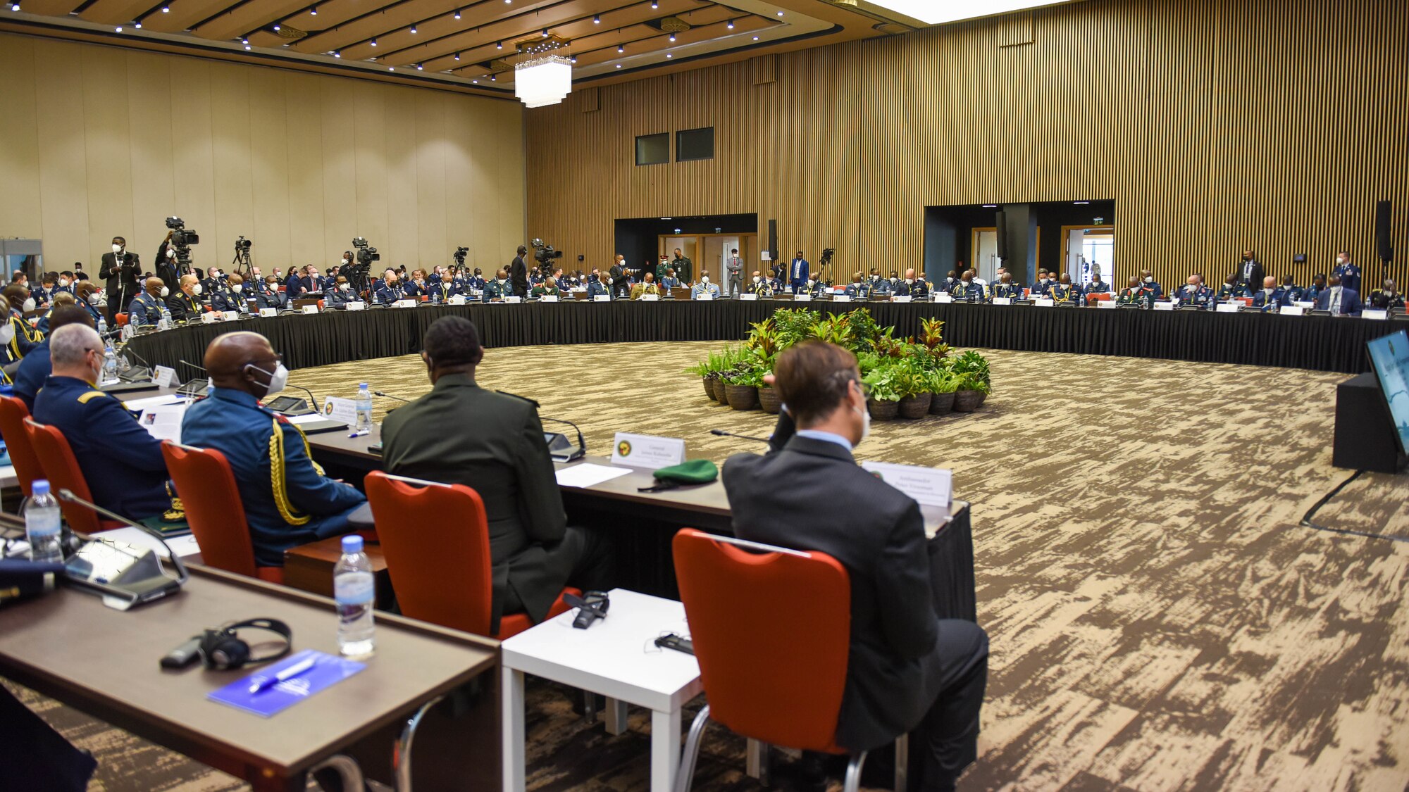 African air chiefs listen to opening introductions during the 2022 African Air Chiefs Symposium in Kigali, Rwanda, Jan. 25, 2022. Strengthening regional partnerships fosters open dialogue, providing opportunities to assess capabilities and identify gaps to build further engagements between the U.S. and our African partners. (U.S. Air Force photo by Senior Airman Brooke Moeder)