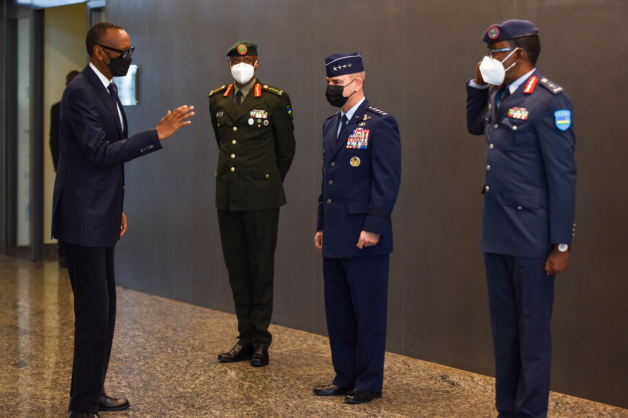 His Excellency Mr. Paul Kagame, President of the Republic of Rwanda, speaks with U.S. Air Force Gen. Jeffrey Harrigian, U.S. Air Forces in Europe and Air Forces Africa commander, during the 2022 African Air Chiefs Symposium in Kigali, Rwanda, Jan. 25, 2022. The symposium is hosted each year by a different member of the Association of African Air Forces. The symposium first started in 2011 in Ethiopia, and had its last in-person event in 2019 in Kenya. Due to COVID travel restrictions, the 2021 Symposium was held virtually and co-hosted by Tunisia. (U.S. Air Force photo by Senior Airman Brooke Moeder)