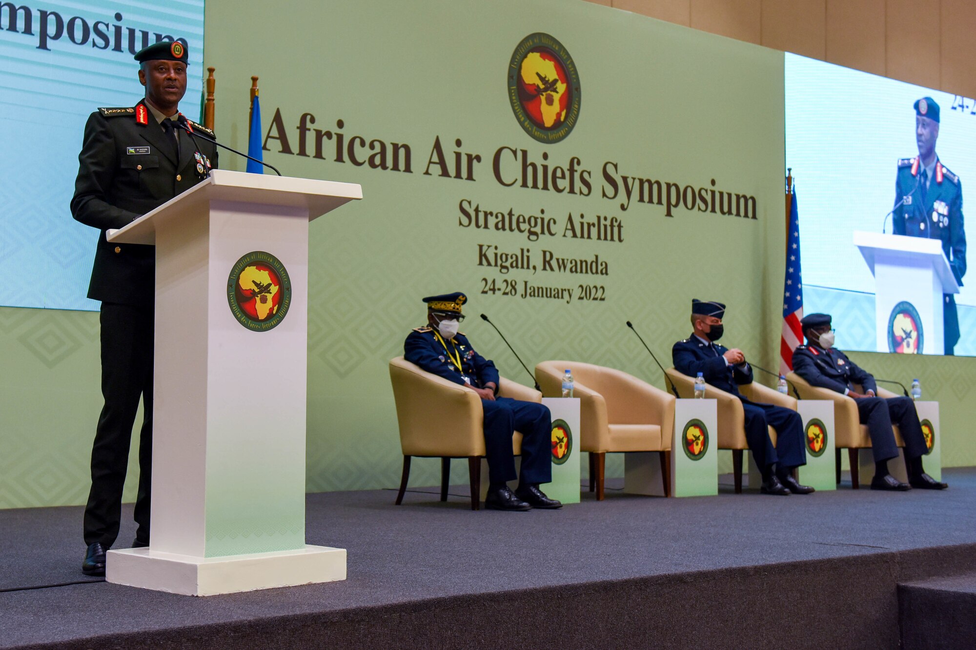 Rwandan Gen. Jean Bosco Kazura, Rwanda Defence Force Chief of Defence Staff, gives closing remarks at the 2022 African Air Chiefs Symposium in Kigali, Rwanda, Jan. 28, 2022. AACS 22 was focused on strategic airlift, an idea that takes planning, multinational coordination and efficient use of available resources to ensure strategic airlift is executed successfully on the continent. (U.S. Air Force photo by Senior Airman Brooke Moeder)