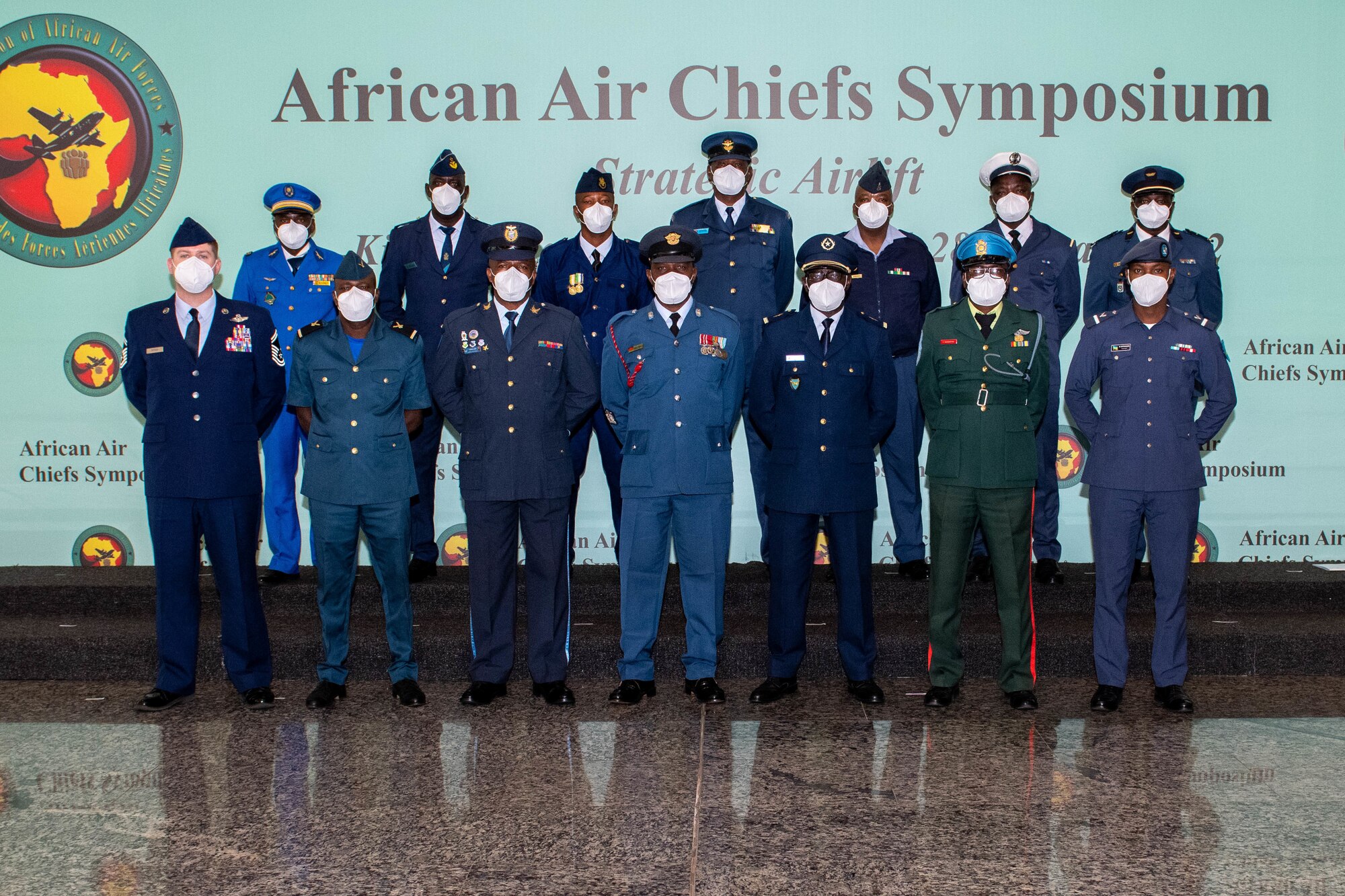 Senior enlisted leaders from the U.S. Air Force and African nations pose for a photo with African air chiefs during the 2022 African Air Chiefs Symposium in Kigali, Rwanda, Jan. 25, 2022. The symposium aims to increase the number of partner nations involved in the Association of African Air Forces and seeks to identify key challenges confronting African air chiefs and aims to strengthen partner networks within Africa by expanding membership of the AAAF. (U.S. Air Force photo by Senior Airman Brooke Moeder)