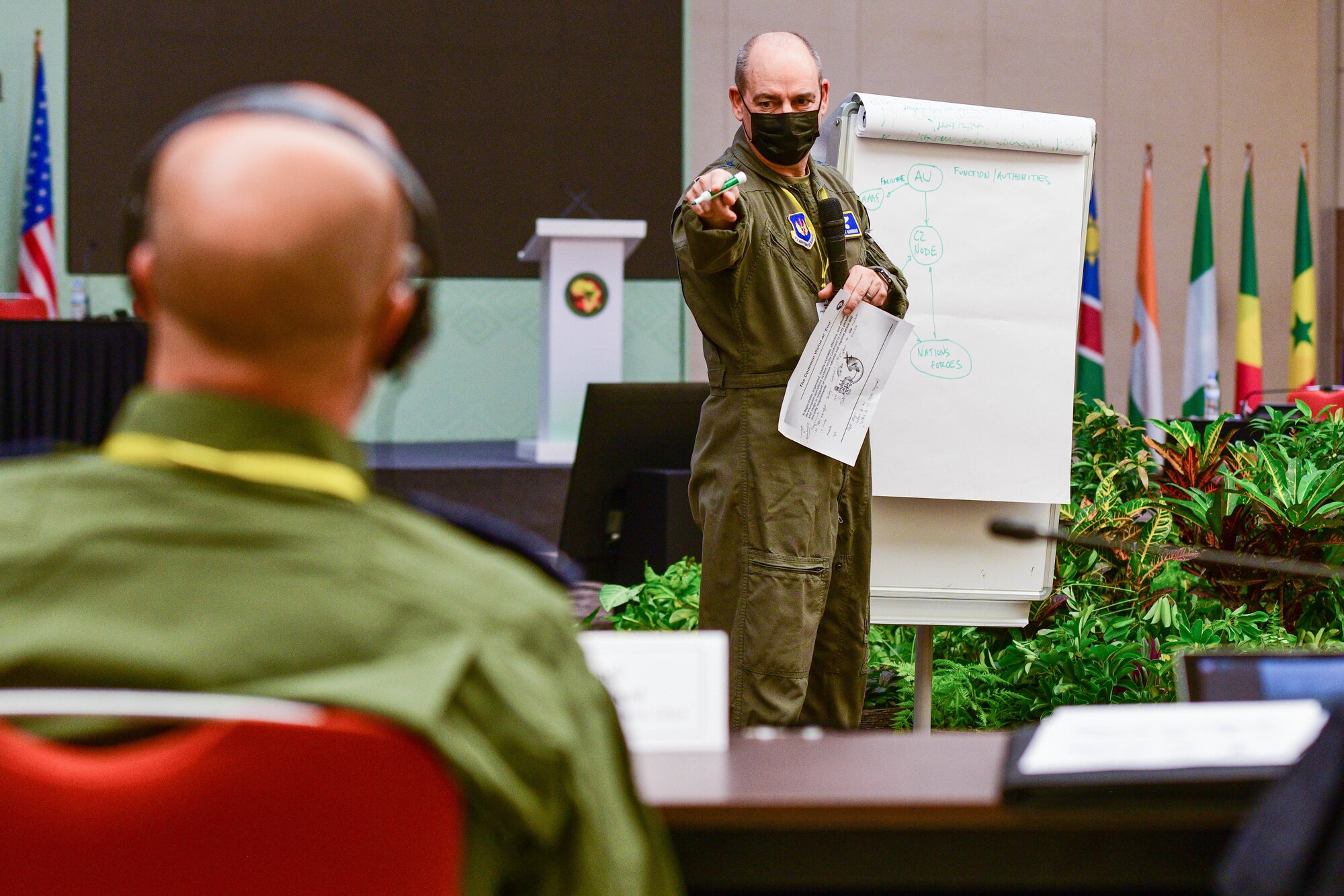 U.S. Air Force Gen. Jeffrey Harrigian, U.S. Air Forces in Europe and Air Forces Africa commander, speaks to Libyan Air Force Col. Saed Shareef, Air Operations Room chief, during the 2022 African Air Chiefs Symposium in Kigali, Rwanda, Jan. 27, 2022. AACS 2022 serves to build upon previous symposia by identifying key challenges confronting African air chiefs, discussing resource sharing and aircraft sustainment, and seeks to strengthen partner networks. (U.S. Air Force photo by Senior Airman Brooke Moeder)