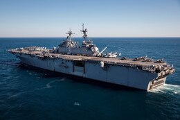 The Wasp-class amphibious assault ship USS Kearsarge (LHD 3) transits the Atlantic Ocean Jan. 24, 2022. The Kearsarge Amphibious Ready Group (ARG) and 22nd Marine Expeditionary Unit (MEU) are underway conducting a Composite Training Unit Exercise (COMPTUEX). COMPTUEX is the final pre-deployment exercise that certifies the Kearsarge ARG and 22nd MEU's ability to conduct military operations through joint planning, and execute challenging and realistic scenarios. (U.S. Navy photo by Mass Communication Specialist 3rd Class Jesse Schwab)