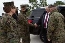 Secretary of the Navy Carlos Del Toro, right, shakes hands with U.S. Marine Corps Brig. Gen. Andrew M. Niebel, left, commanding general of MCIEAST-Marine Corps Base Camp Lejeune (MCB Camp Lejeune), while departing range G-36 on MCB Camp Lejeune, North Carolina, Jan. 28, 2022. The Secretary of the Navy toured MCB Camp Lejeune to visit II Marine Expeditionary Force and Lejeune Memorial Gardens and viewed the ongoing construction improvements, public private venture housing and hurricane recovery progress on the installation. (U.S. Marine Corps photo by Lance Cpl. Antonino Mazzamuto)