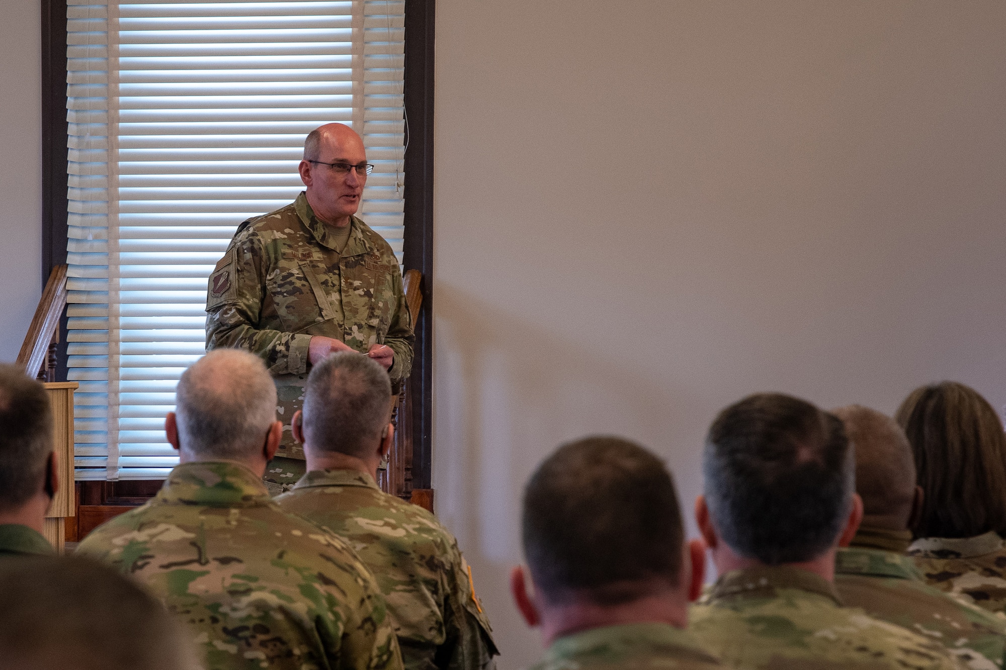 Col. William Miller, delivers remarks during an Assumption of Command ceremony for the 131st Mission Support Group at Jefferson Barracks Air National Guard Base, St. Louis, Missouri, Jan 9, 2022. Miller has almost 35 years of experience in various leadership positions in the Air Force. (U.S. Air National Guard photo by Airman 1st Class Whitney Erhart)