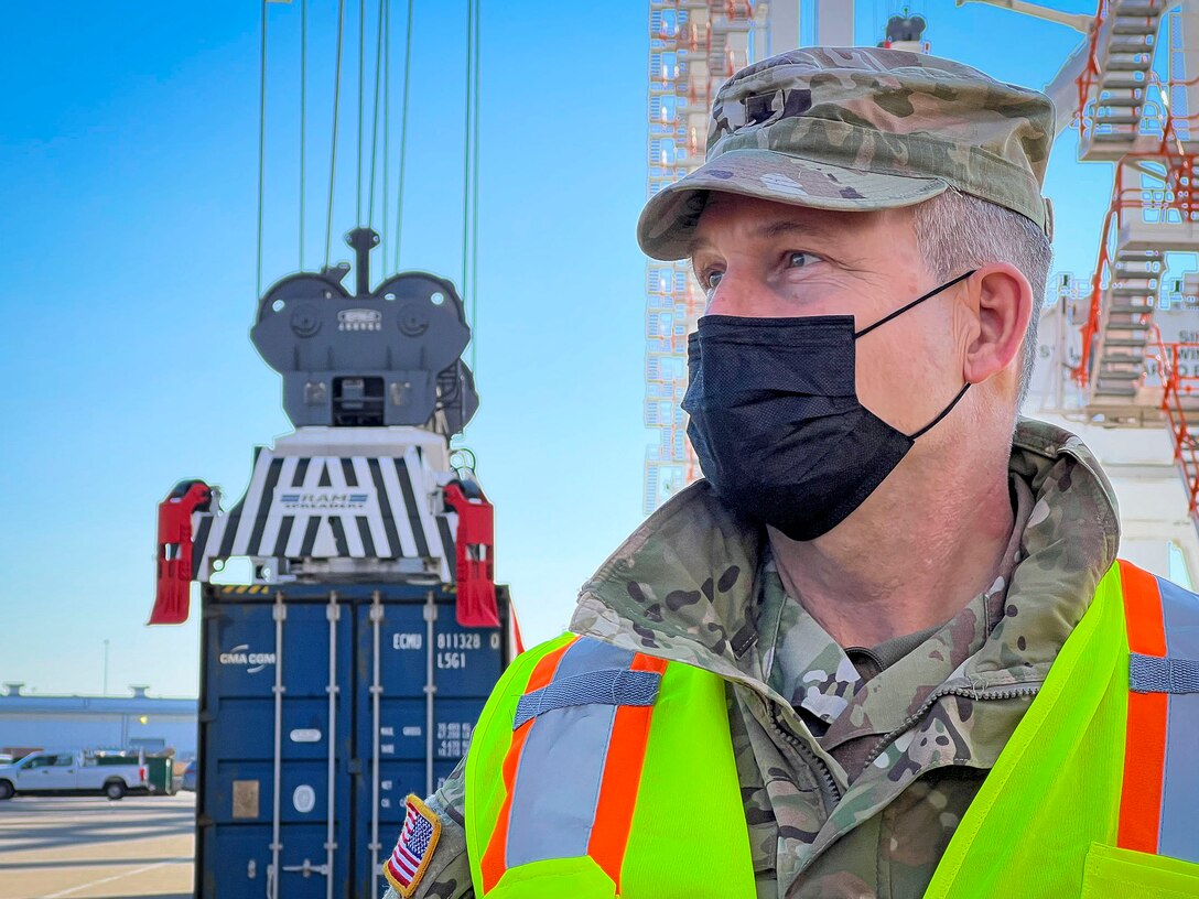 Brig. Gen. Thomas Tickner, U.S. Army Corps of Engineers North Atlantic Division commander, examines Chesapeake Bay freight transportation operations at the Port of Baltimore in Maryland, Jan. 27, 2022. Tickner visited the Port to see firsthand how the USACE Baltimore District’s Chesapeake Bay protection and restoration efforts help enable the Maryland Port Administration’s waterborne commerce mission, which provides economic benefits to Marylanders. (U.S. Army photo by Greg Nash)