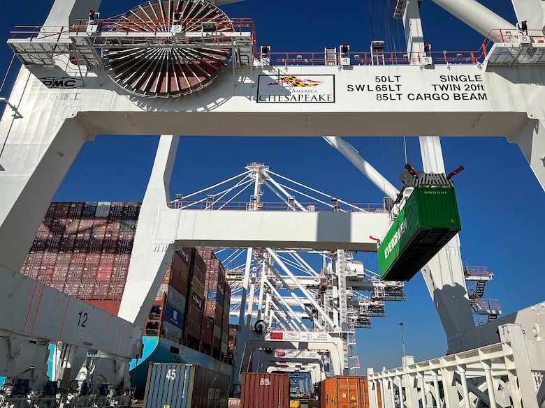 Ongoing Chesapeake Bay freight transportation operations occur on a container ship at the Port of Baltimore’s Dundalk and Seagirt Marine Terminals in Maryland, Jan. 27, 2022. The port has become the nation’s top e-commerce port within the last year by welcoming new business opportunities and new ad hoc ships diverted from other ports experiencing supply chain challenges. (U.S. Army photo by Greg Nash)