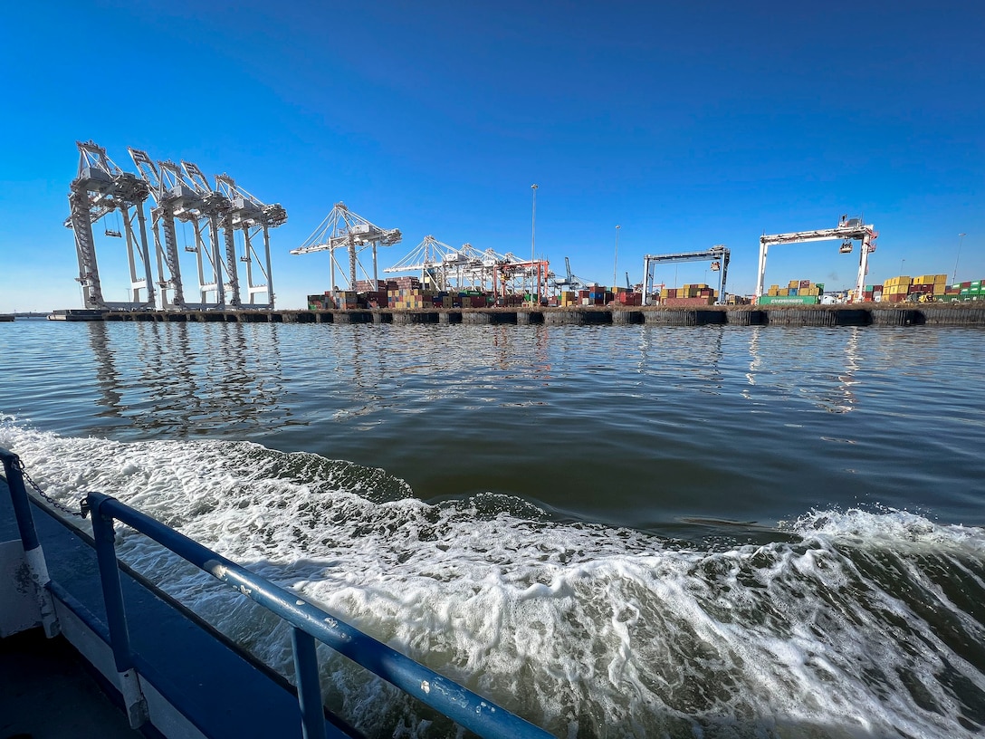 Ongoing Chesapeake Bay freight transportation operations occur at the Port of Baltimore’s Dundalk and Seagirt Marine Terminals in Maryland, Jan. 27, 2022.  Ports America Chesapeake manages the maritime terminal operations by developing and utilizing advanced technologies and enhanced infrastructure at the Port of Baltimore under a public-private partnership with the Maryland Port Administration. (U.S. Army photo by Greg Nash)