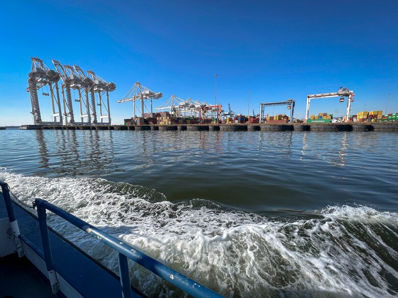 Ongoing Chesapeake Bay freight transportation operations occur at the Port of Baltimore’s Dundalk and Seagirt Marine Terminals in Maryland, Jan. 27, 2022.  Ports America Chesapeake manages the maritime terminal operations by developing and utilizing advanced technologies and enhanced infrastructure at the Port of Baltimore under a public-private partnership with the Maryland Port Administration. (U.S. Army photo by Greg Nash)