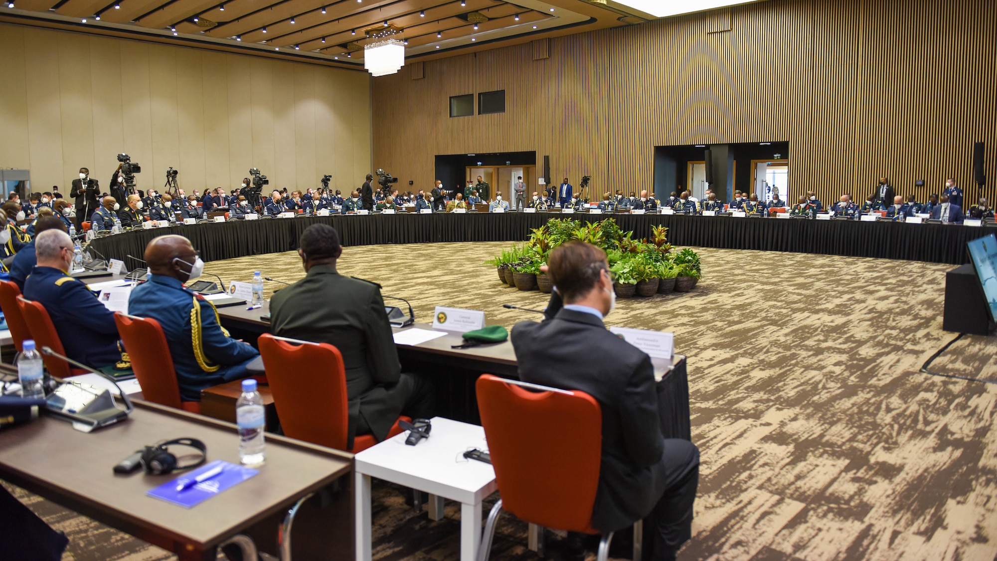 African air chiefs listen to opening introductions during the 2022 African Air Chiefs Symposium in Kigali, Rwanda, Jan. 25, 2022. Strengthening regional partnerships fosters open dialogue, providing opportunities to assess capabilities and identify gaps to build further engagements between the U.S. and our African partners. (U.S. Air Force photo by Senior Airman Brooke Moeder)